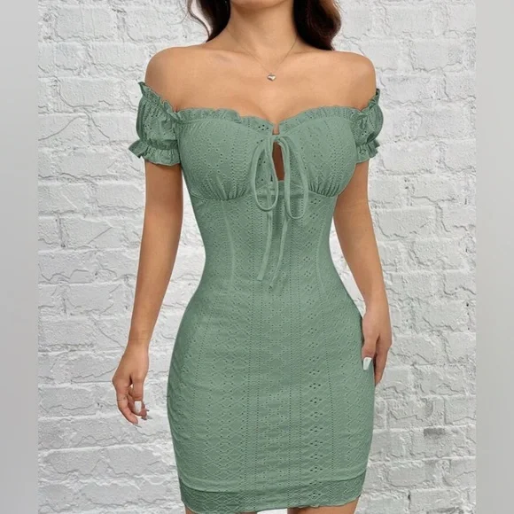 NWT Olive Green Over The Shoulder Bodycon Mini Slim Fit Sexy Dress Plain Green - Picture 3 of 3